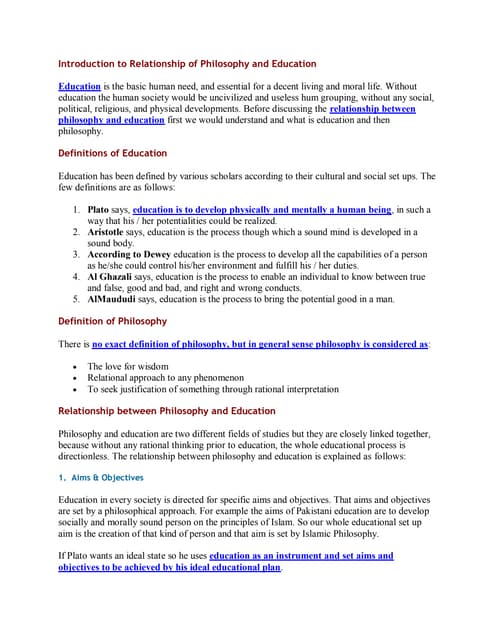 Introduction to relationship of philosophy and education