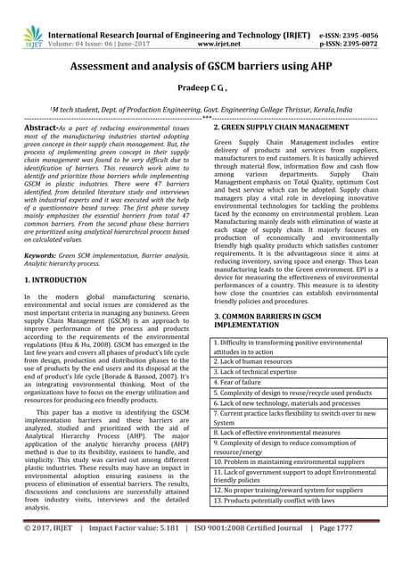 Assessment and Analysis of GSCM Barriers using AHP