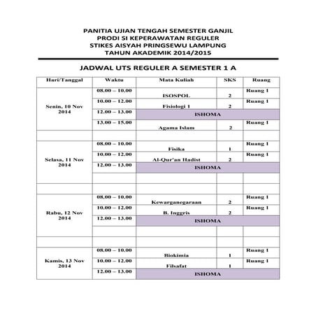 JADWAL UTS SEMESTER GANJIL T.A 2014-2015