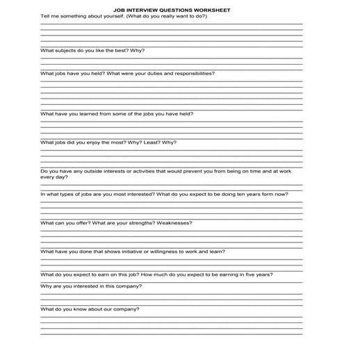 Job interview questions worksheet
