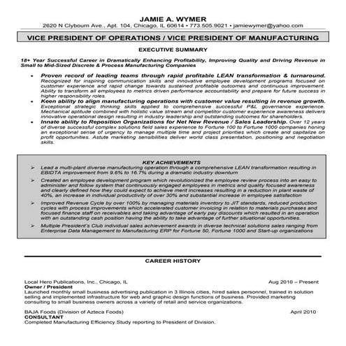 J Wymer Mfg Vp Resume