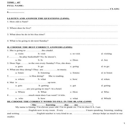 Kiểm tra 1 tiết hkii tiếng anh lớp 6