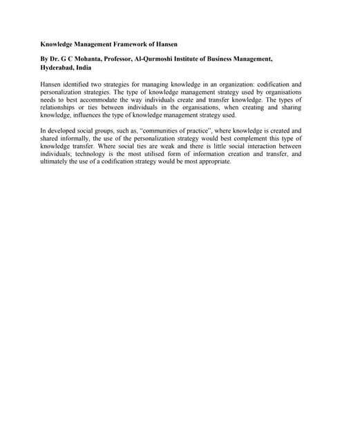 Knowledge Management framework of Hansen, Earl and Alvesson