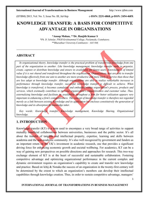 Knowledge transfer a basis for competitive advantage in organisations