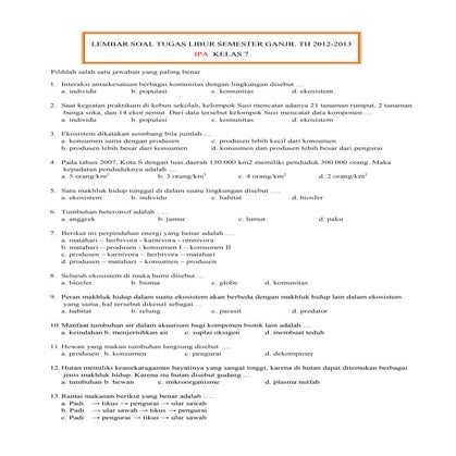 Lembar soal ipa libur semester kls 7