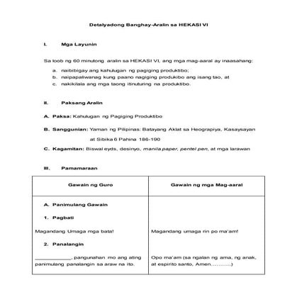 Detalyadong Banghay-Aralin sa HEKASI VI