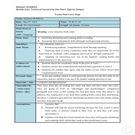 Lesson plan - Reading