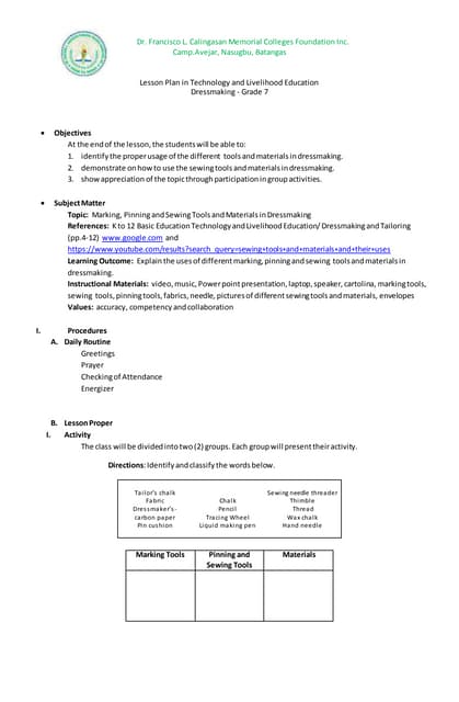 Semi-detailed Lesson Plan in Grade 7 Dressmaking Tools and Materials