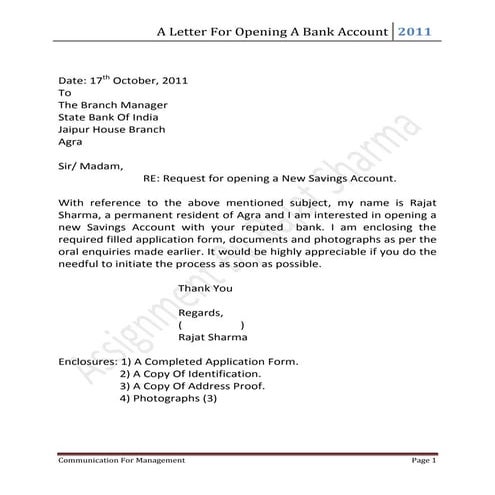 Letter for opening a bank account