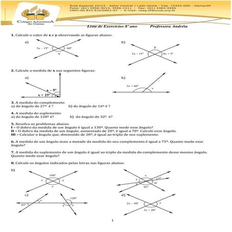 8 ano - Exercícios - Ângulos