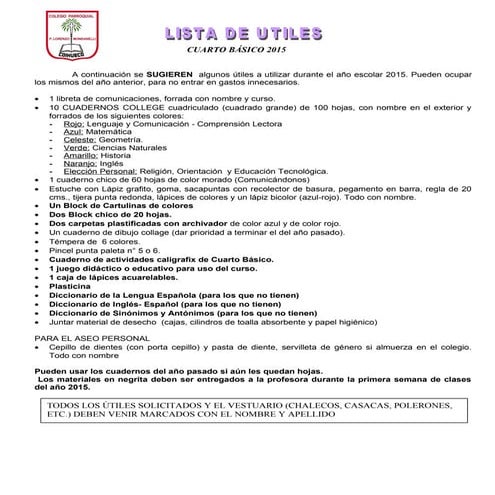 Lista de utiles 2015 cuarto básico