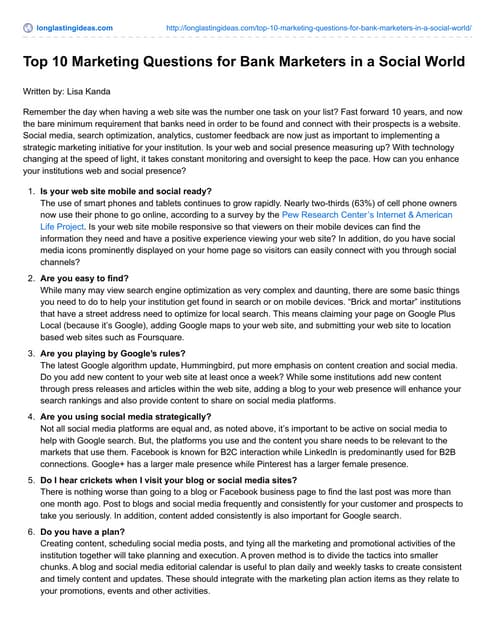 Top 10 Marketing Questions for Bank Marketers in a Social World
