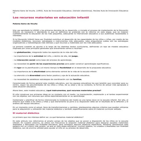 Los recursos materiales en Educación Infantil