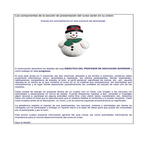 Los componentes de la sección de presentación del curso serán en su orden