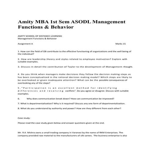 Amity MBA 1st Sem ASODL Management Functions & Behavior