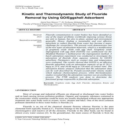 Kinetic & Thermodynamic Study of Fluoride Removal by Using GO/Eggshell Adsorbent