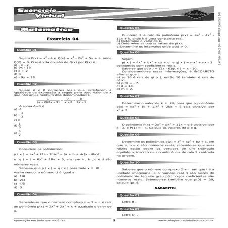 Matematica 4 exercicios gabarito 04