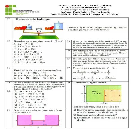 Mat utfrs 12. equacoes do 1° e 2° graus exercicios
