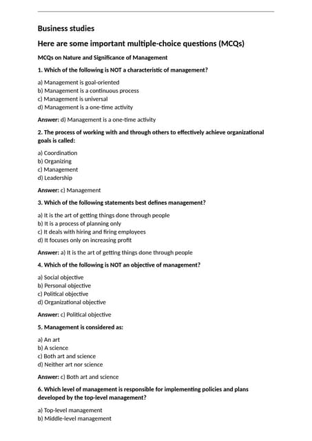 12 Business studies multiple choice question