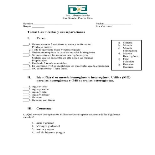 EXAMEN : MEZCLAS Y SUS SEPARCIONES
