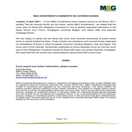 M and G Comments Further On Covered Bonds