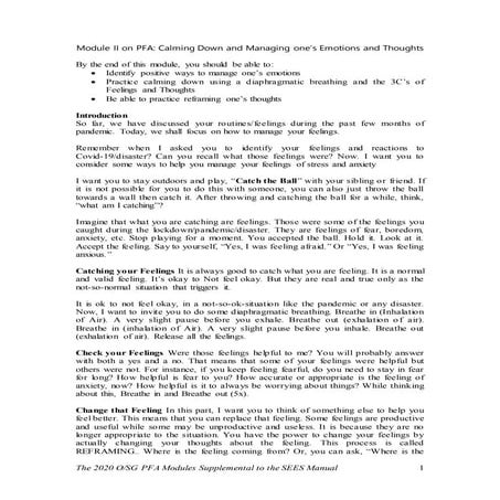 Module II on PFA (Psychological First Aid) | Calming Down and Managing One’s ...