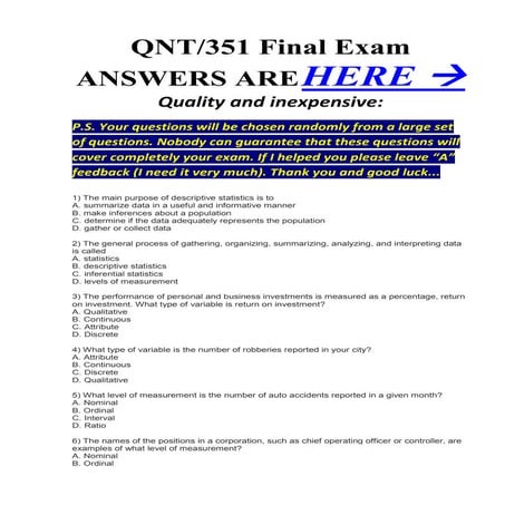 (New) final exam for qnt 351 qnt 351 all correct answers 100%