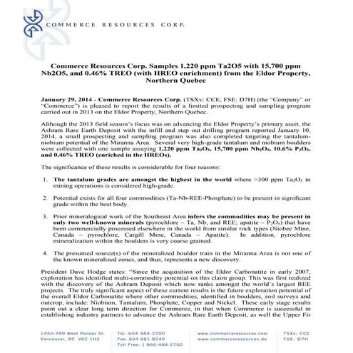 News Release:  Commerce Resources Corp. Samples 1,220ppm Ta2O5 with 15,700ppm...