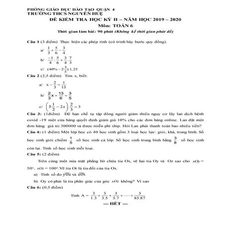 Đề Thi HK2 Toán 6 - THCS Nguyễn Huệ