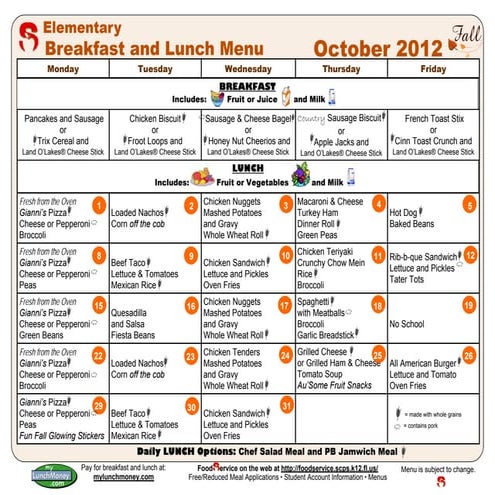 October elementary menu