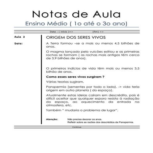 Origem da vida - Notas de Aula