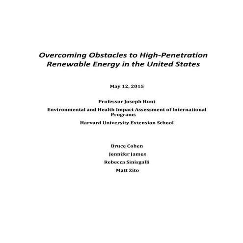 Overcoming Obstacles to High Penetration Renewable Energy in the United States