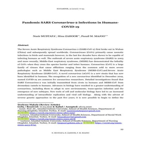 Pandemic SARS Coronavirus-2 Infections in Humans- COVID-19