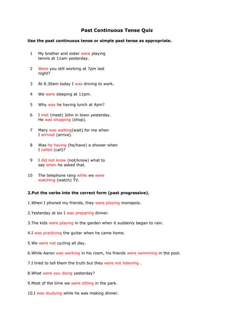 Past continuous tense quiz key