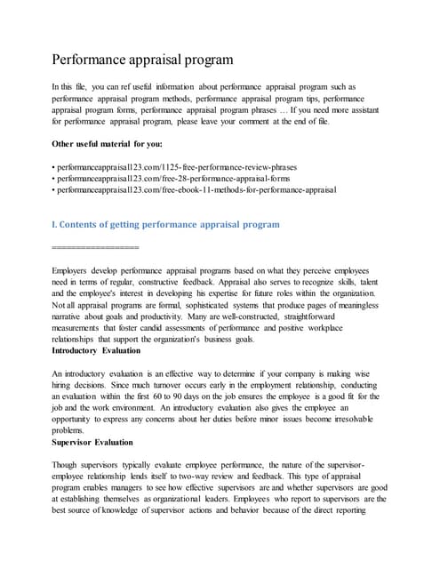 Performance appraisal program