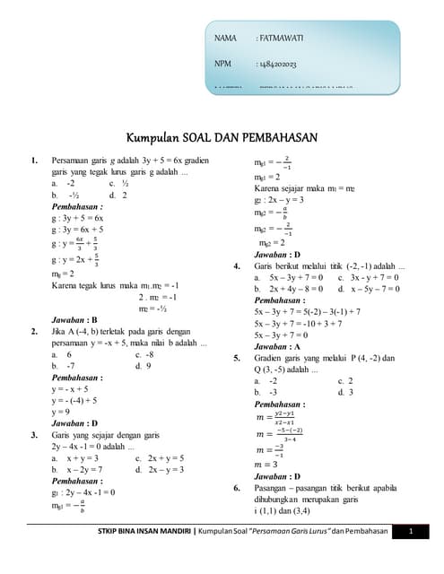 Kumpulan Soal Persamaan Garis Lurus Beserta Pembahasannya