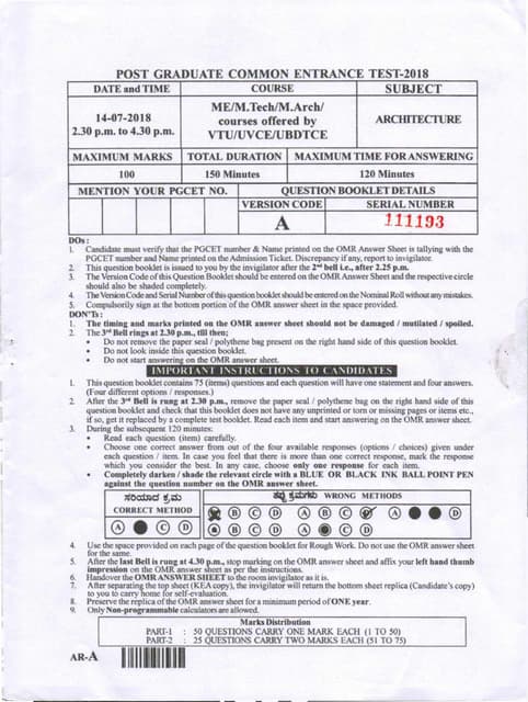 Pgcet Architecture 2018 question paper