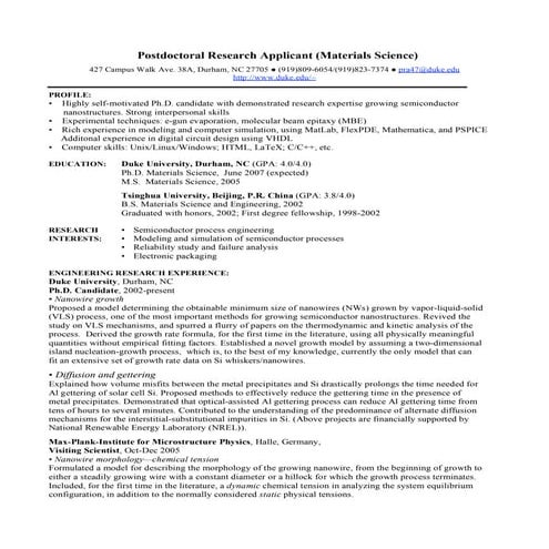 PhD CV: Postdoctoral Research