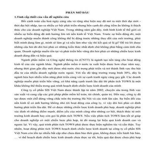 Phân tích tows hoạch định chiến lược kinh doanh của công ty cổ phần sis việt nam