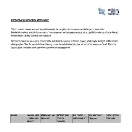 Photography shoot risk assessment form