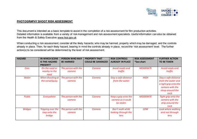 Photography Shoot Risk Assessment Form