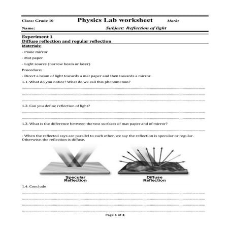 Physics lab worksheet reflection
