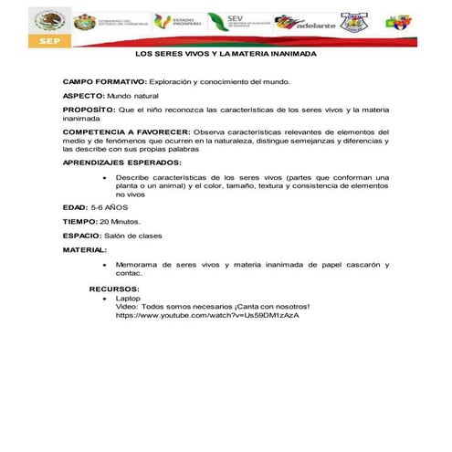 Planeacion actv. los seres vivos y la materia inanimada