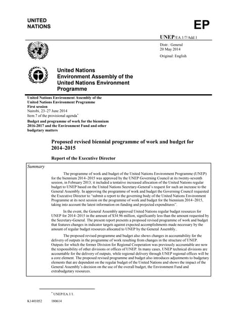  UNEP - Proposed revised biennial programme of work and budget for 2014–2015