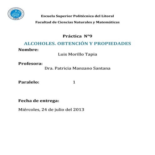Practica 9 (Alcoholes: Obtención y Propiedades)