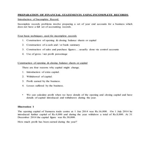 Preparation of financial statements using incomplete records