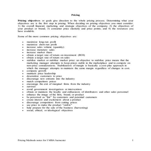 Pricing methods for Managerial Economics