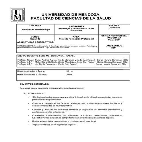 PROGRAMA PSICOLOGÍA Y PROBLEMÁTICA DE LAS ADICCIONES