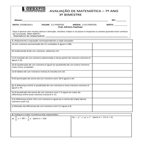 Prova 3º bim   7ano