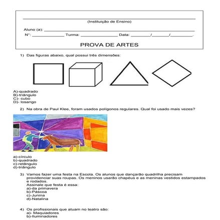 Prova Artes 6° ano